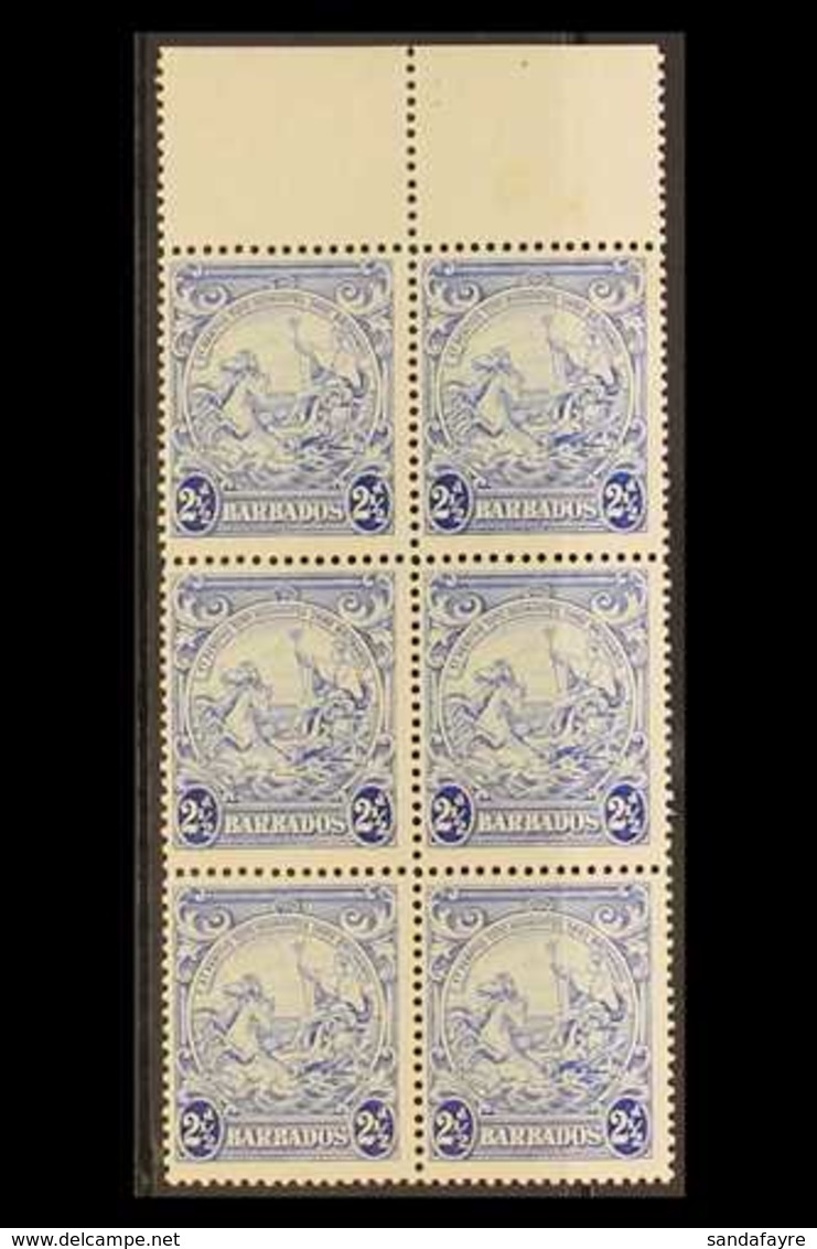 1938  2½d Ultramarine Badge Of The Colony, Upper Marginal Vertical Block Of Six, Positions 1/3, 2/3 And 3/3 Showing Mark - Barbados (...-1966)