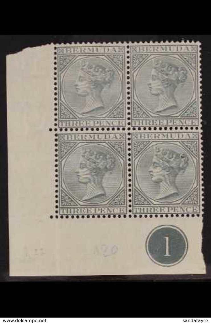 1883  3d Grey, SG 28, Mint Corner Plate Block Of 4 (3 Never Hinged). For More Images, Please Visit Http://www.sandafayre - Bermuda