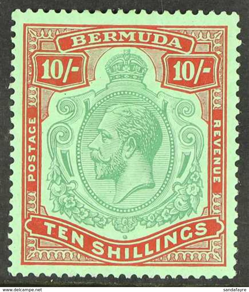 1924  10s Green And Red On Pale Emerald, Geo V "Keytype", Variety "BREAK IN LINES BELOW LEFT SCROLL", SG 92e, Very Fine  - Bermuda