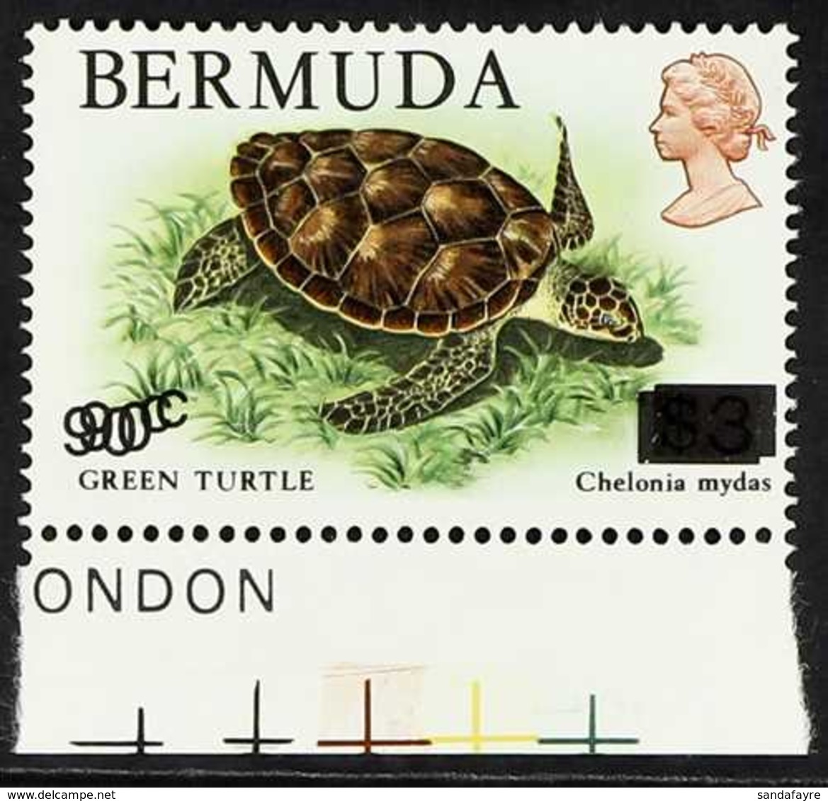 1986  World Wildlife Fund  90c On $3 Green Turtle With SURCHARGE DOUBLE Variety, SG 534a, Never Hinged Mint. For More Im - Bermuda