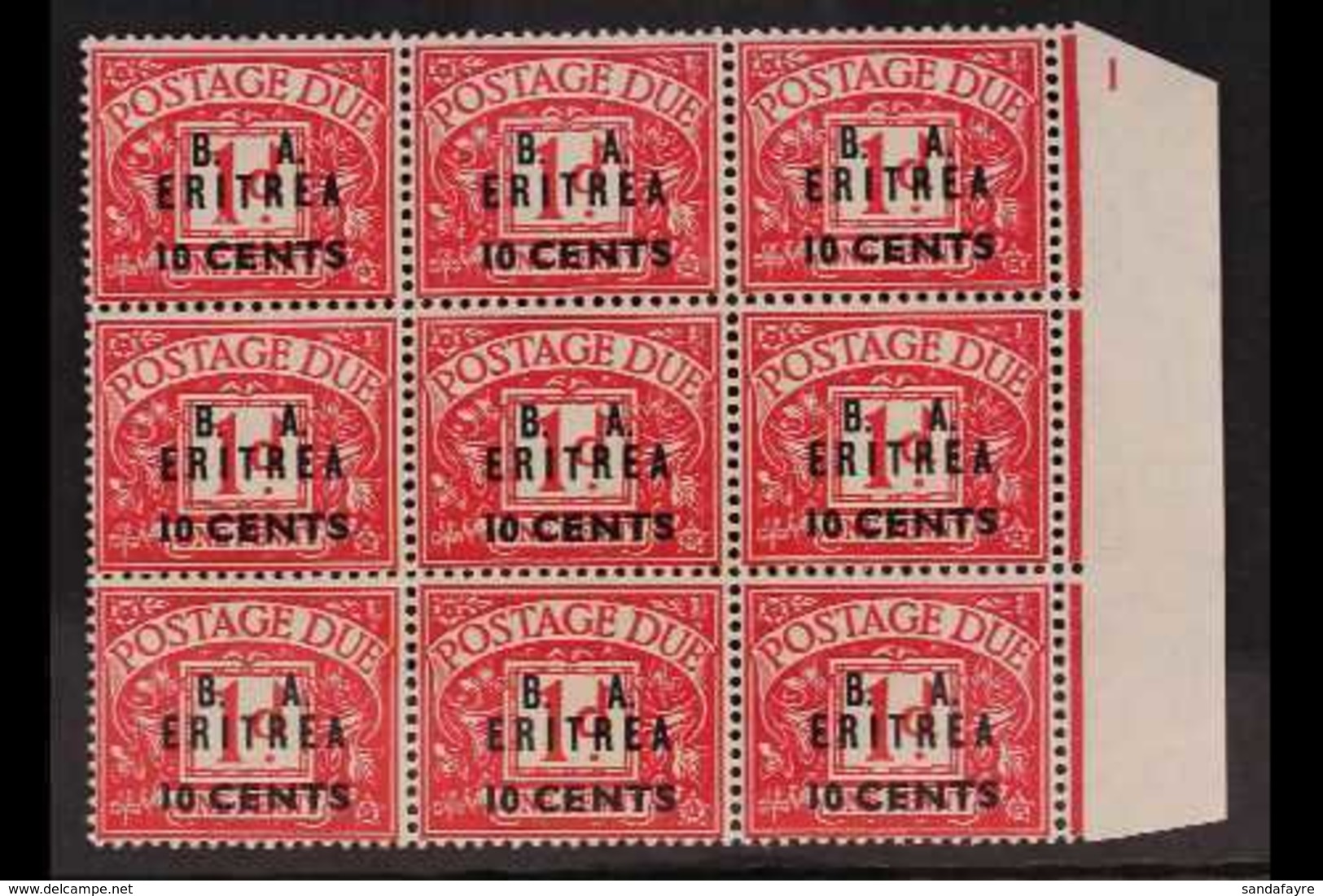 ERITREA  POSTAGE DUE 1950 10c On 1d, SG ED7, Right Marginal BLOCK OF NINE (3 X 3) Never Hinged Mint. For More Images, Pl - Italienisch Ost-Afrika