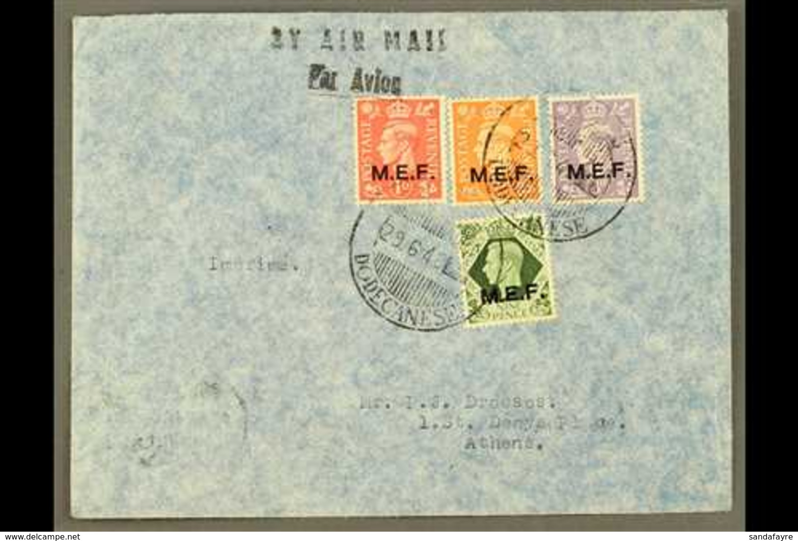 MIDDLE EAST FORCES (M.E.F.)  1946 AIR MAIL COVER TO ATHENS Bearing 1943-47 1d, 2d, 3d, And 9d Stamps Of Great Britain Wi - Italienisch Ost-Afrika