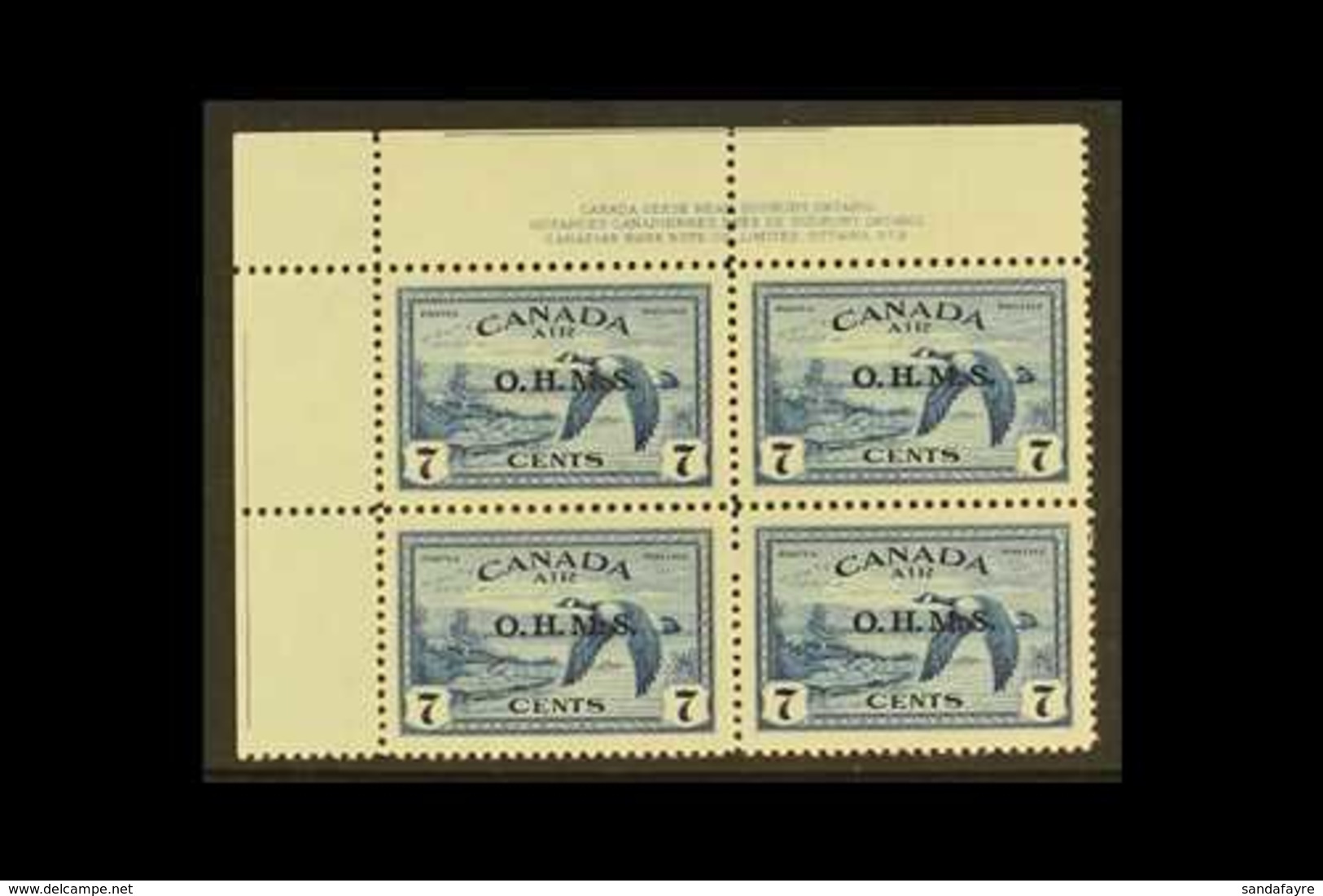 OFFICIAL  1949 7c Blue Air Canada Geese With "O.H.M.S." Overprint, SG O171, Top Left Hand Corner PLATE BLOCK Of Four Wit - Sonstige & Ohne Zuordnung