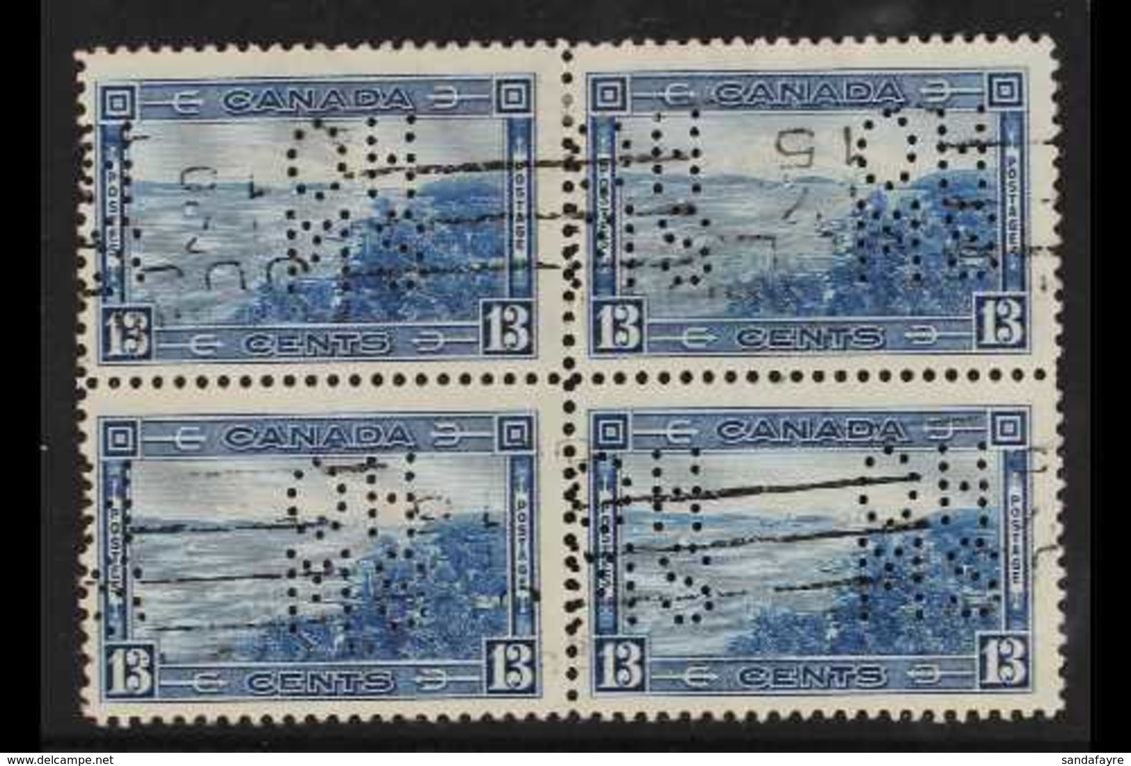 OFFICIALS  1937-38 13c Blue Halifax Harbour Punctured "OHMS" Type 1, SG O104, Fine Used BLOCK Of 4, Fresh & Scarce. (4 S - Sonstige & Ohne Zuordnung