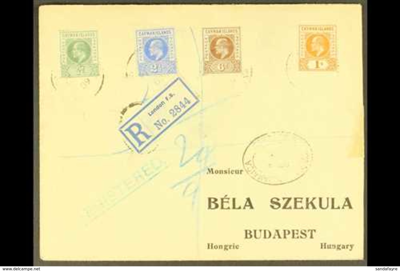 1908  (Feb) Envelope Registered To Hungary, Bearing 1905 ½d, 2½d, 6d And 1s, SG 8, 10/12 Tied By Feint Georgetown Cds's, - Kaimaninseln