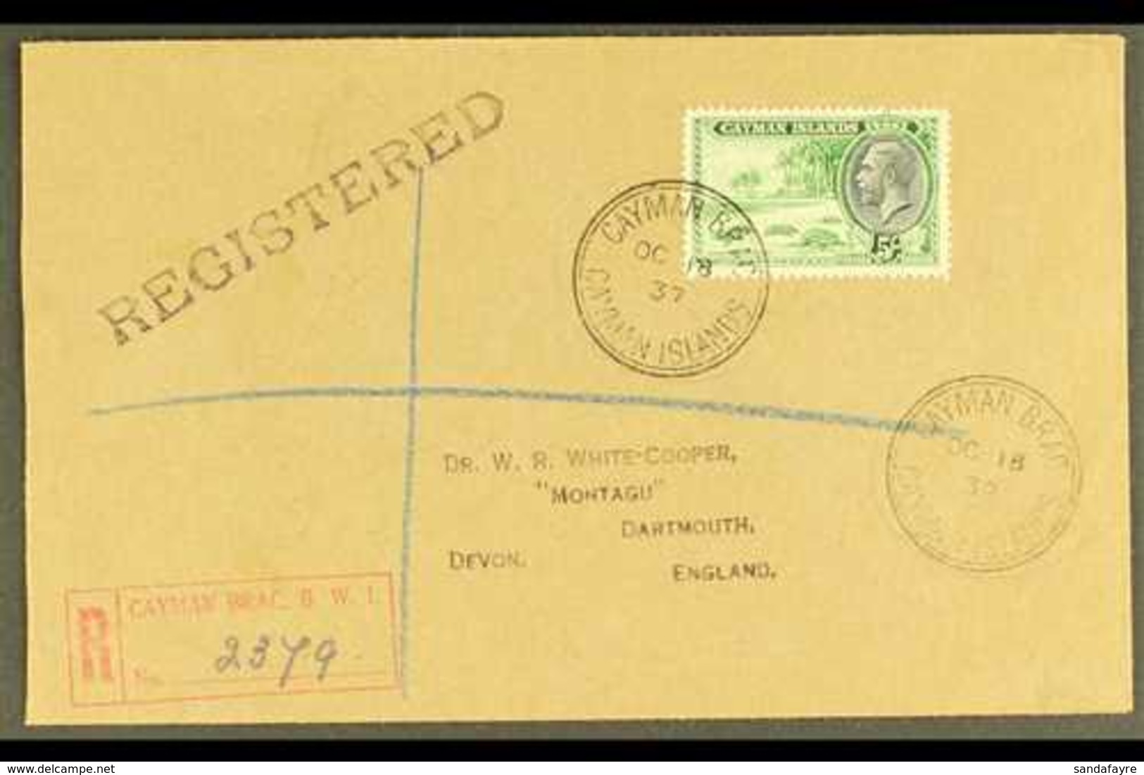 1935  5s Green And Black Turtles SG 106, On A Lovely 1937 (Oct) Envelope Registered Cayman Brac to England. For More Ima - Kaimaninseln