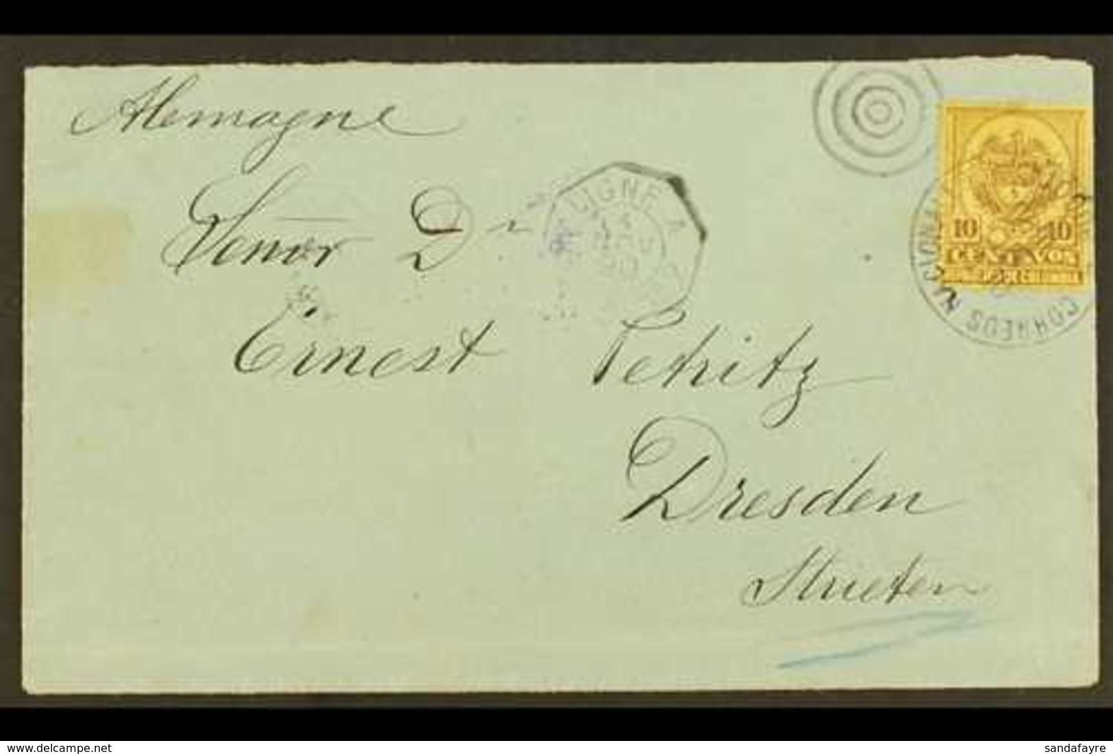 1890 COVER TO GERMANY  Bearing 1890-91 10c Brown On Yellow Tied By Fine "CORREOS NACIONALES BOGOTA / OTT 20, 1890"  Cds  - Kolumbien