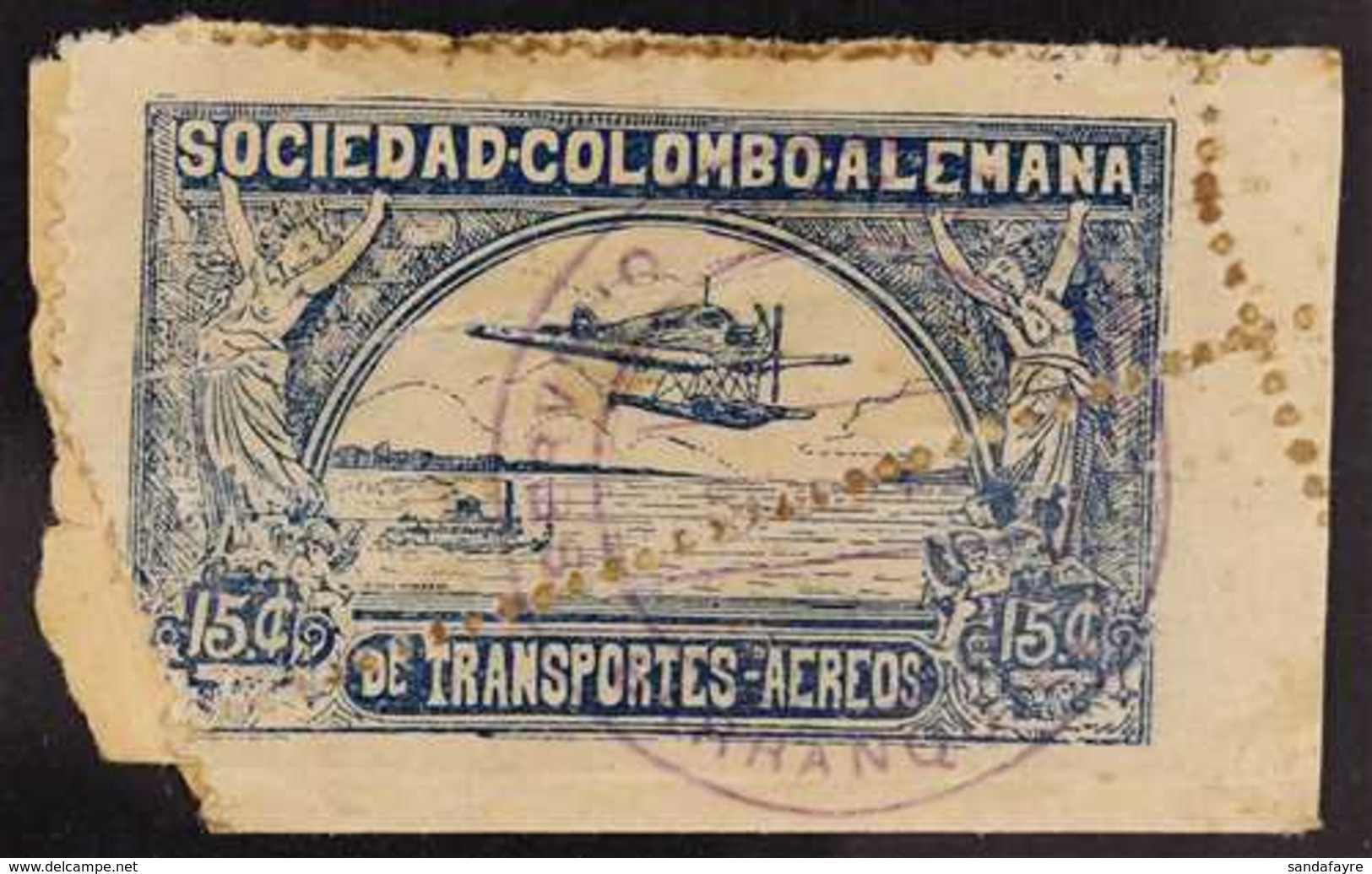 1920-21 SCADTA - DRAMATIC PERFORATION ERROR  15c Blue Hydroplane (Scott C13, SG 13, Michel 2), Used Example On Small Pie - Kolumbien