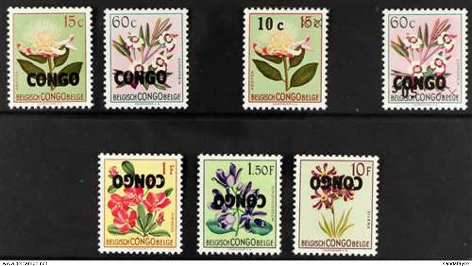 1960 OVERPRINT VARIETIES.  1960 Flowers With "CONGO" Overprints, Includes 15c & 60c Missing Surcharges, 10c On 15c Missi - Sonstige & Ohne Zuordnung