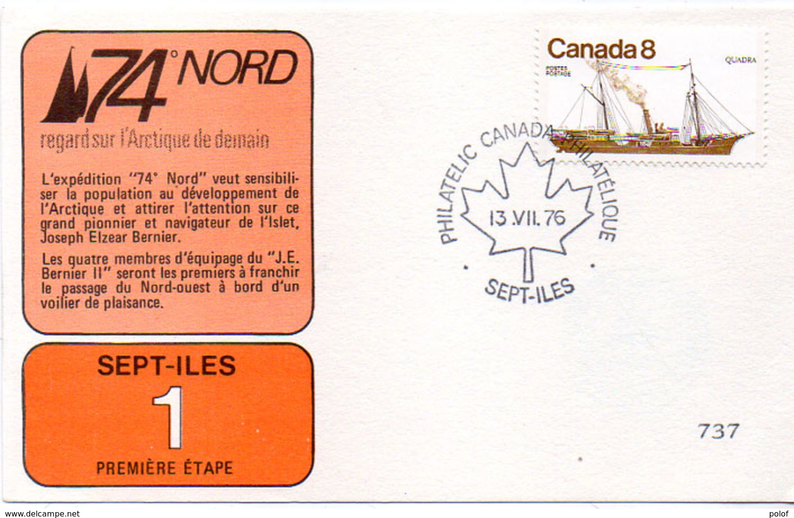 Carte Artic Expédition - Cachet Philatélique De Sept Iles (Canada) Expédition 74° Nord (Bernier)  1° Etape    (118739) - Histoire