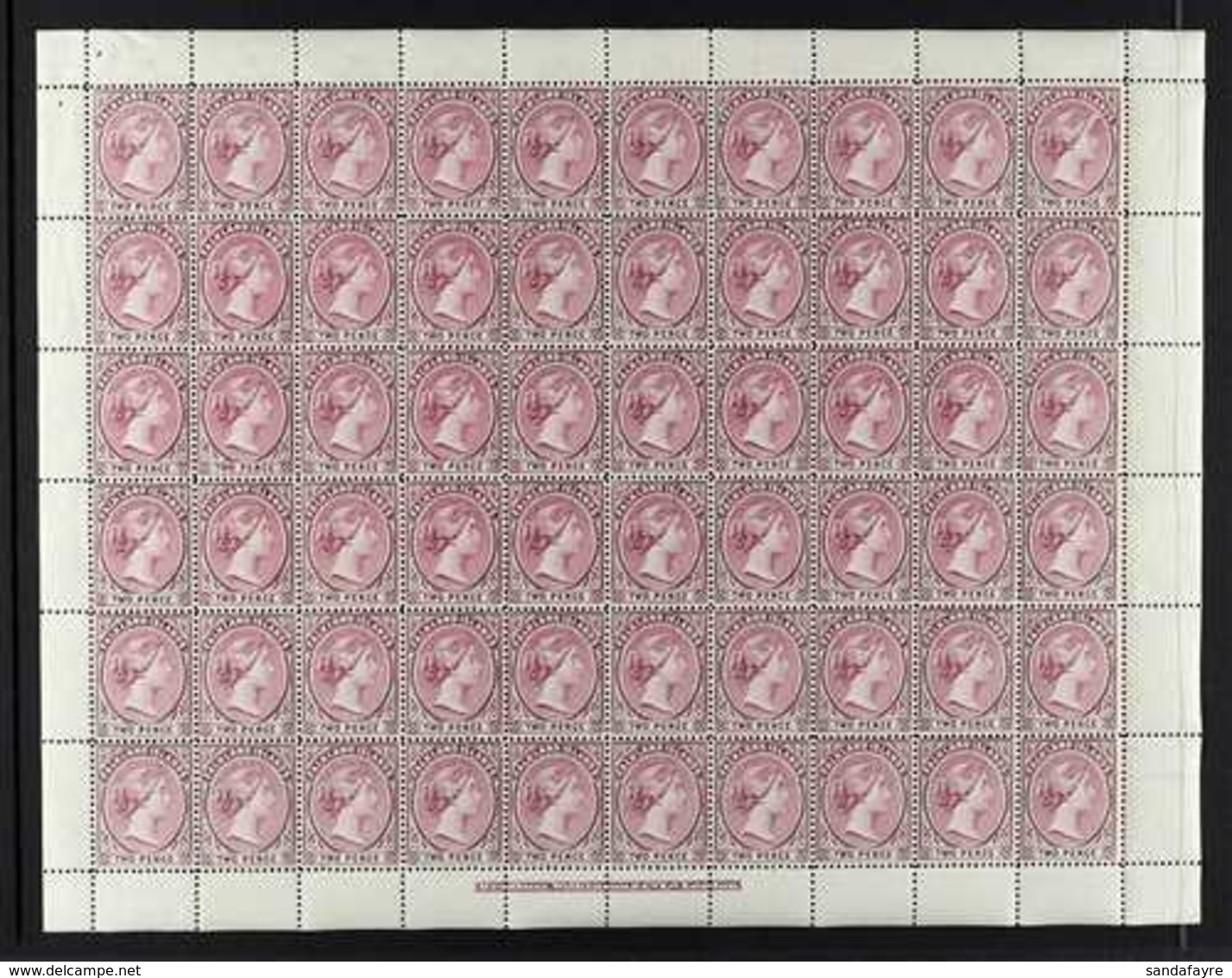 1895-98  2d Deep Purple, Wmk Crown CA SG 25, Complete Sheet Of 60 Never Hinged Mint. Superbly Fresh Without Hinging Anyw - Falklandinseln