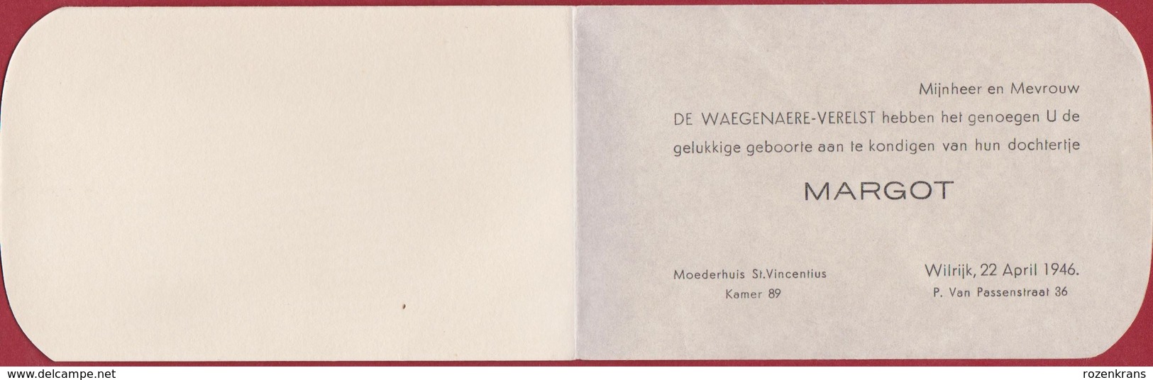 Geboortekaartje 1946 Carte Faire Part De Naissance Birth Geburtsanzeige Illustrator Margot De Waegenaere Verelst Wilrijk - Naissance