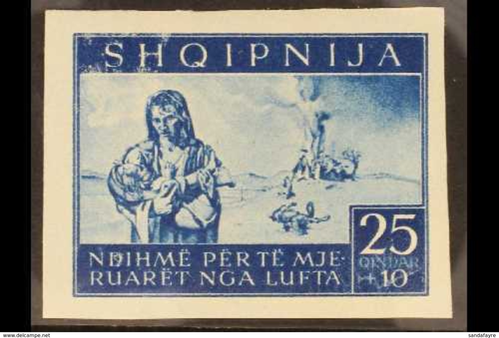 ALBANIA  1944 25q+10q Blue War Refugees Fund IMPERF, Michel 18 U, Fine Mint Almost Never Hinged, Fresh. For More Images, - Sonstige & Ohne Zuordnung