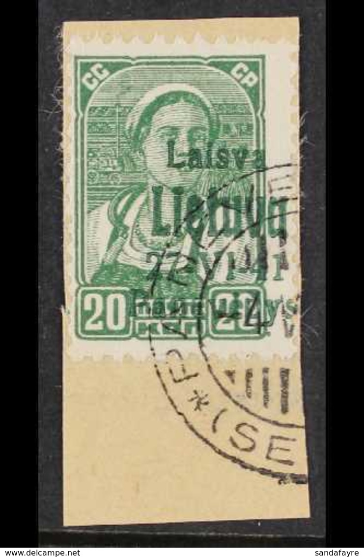 LITHUANIA  PANEVEZYS (PONEWESCH) 1941 20k Green With Local Overprint In Green, Michel 7a, Superb Cds Used On Piece, Very - Autres & Non Classés