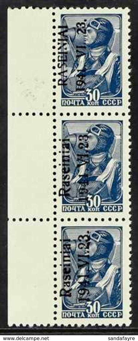 LITHUANIA  RASEINIAI 1941 "Workers" 30k Ultramarine (Michel 5), Left Marginal Vertical Strip Of Three, The Upper Stamp T - Sonstige & Ohne Zuordnung