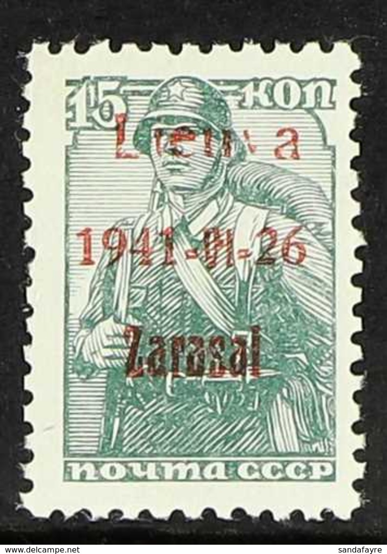 LITHUANIA  ZARASAI 1941 15k Grey-green With Brown-red Overprint, Michel 3b Type IIB, With Variety Missing "t" In "Lietuv - Sonstige & Ohne Zuordnung