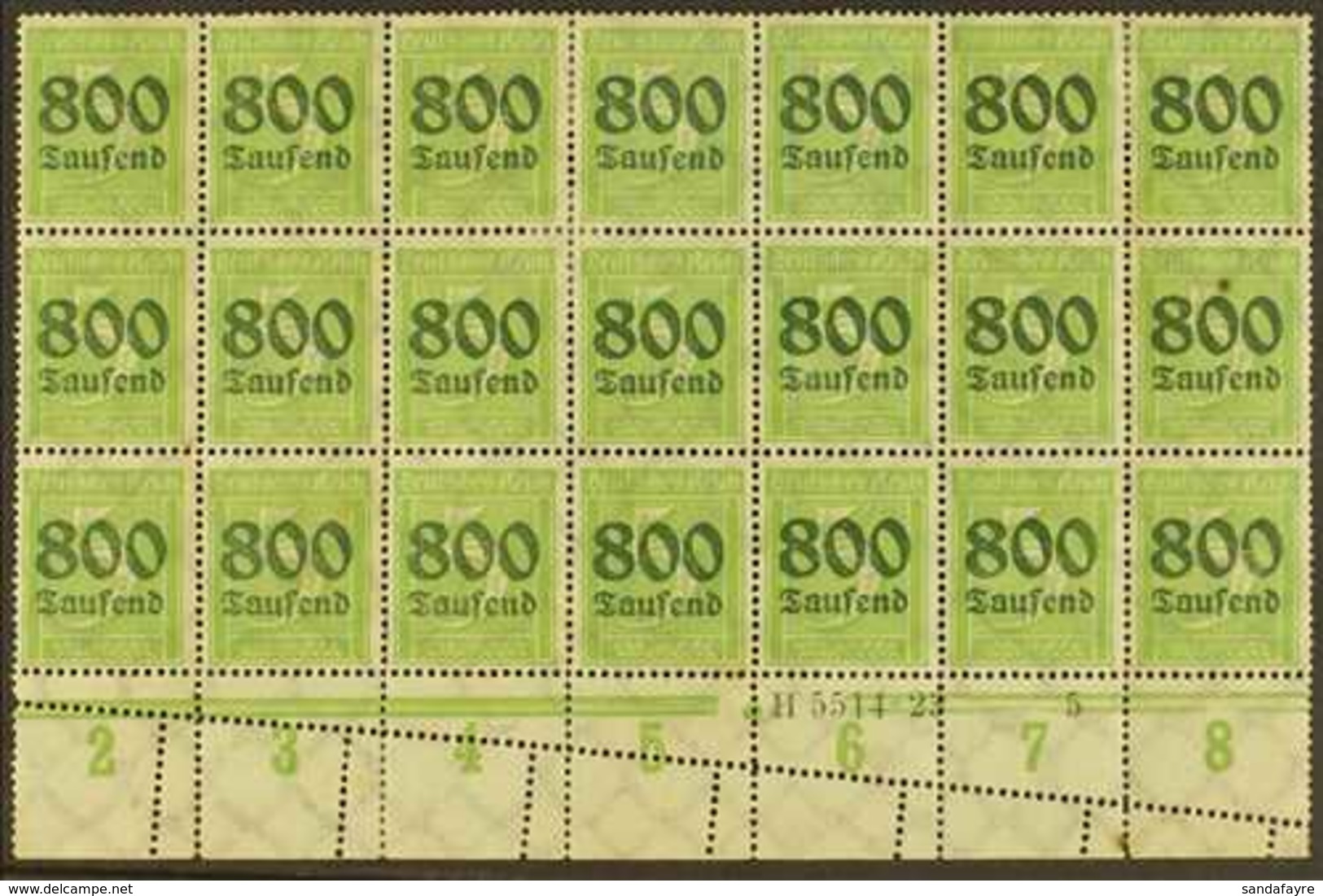 1923 PERFORATION ERROR.  800tsd On 5pf Apple Green (Michel 301, SG 294), Mint Lower Marginal BLOCK Of 21 (7x3) With Han  - Autres & Non Classés