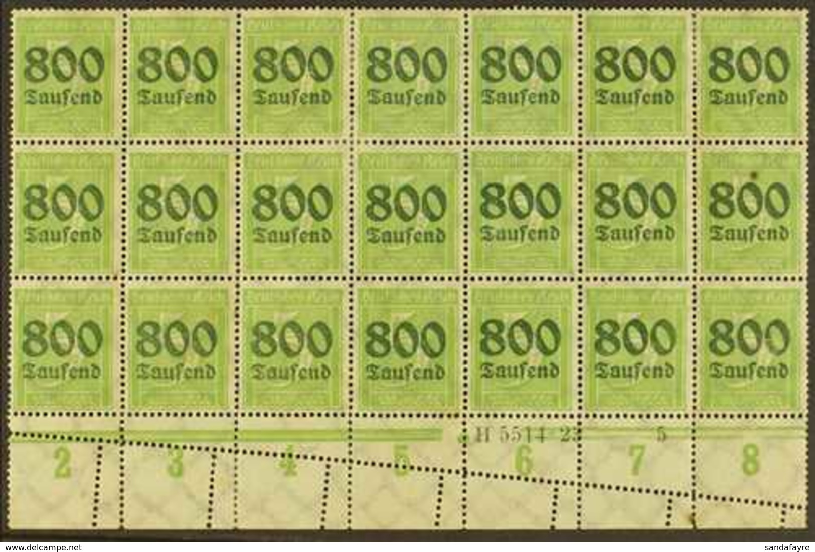 1923 PERFORATION ERROR.  800tsd On 5pf Apple Green (Michel 301, SG 294), Mint Lower Marginal BLOCK Of 21 (7x3) With Han  - Sonstige & Ohne Zuordnung