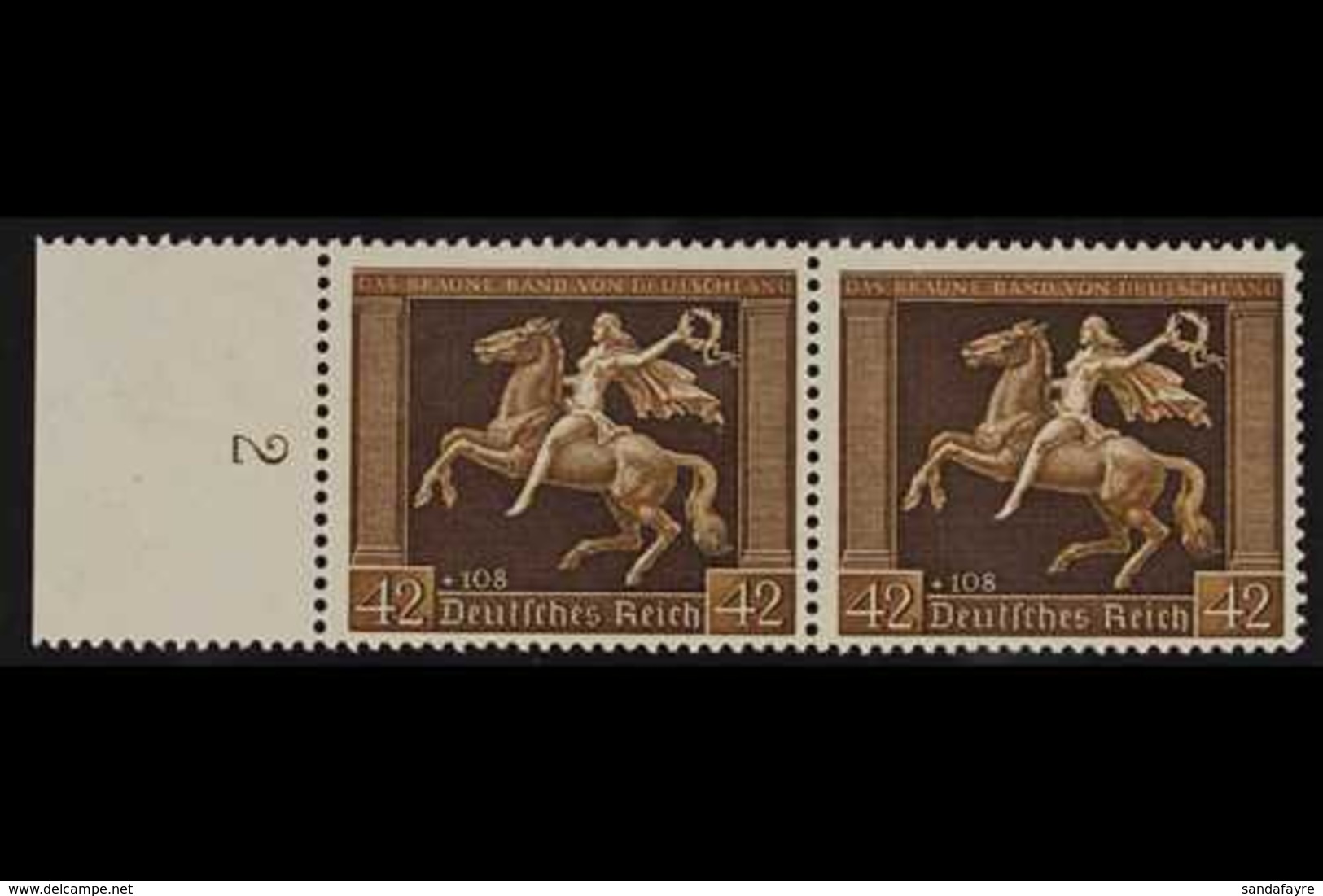 1938  42pf Brown Ribbon (Michel 671y, SG 659), Left Marginal HORIZONTAL PAIR, Very Fine Never Hinged Mint. For More Imag - Sonstige & Ohne Zuordnung