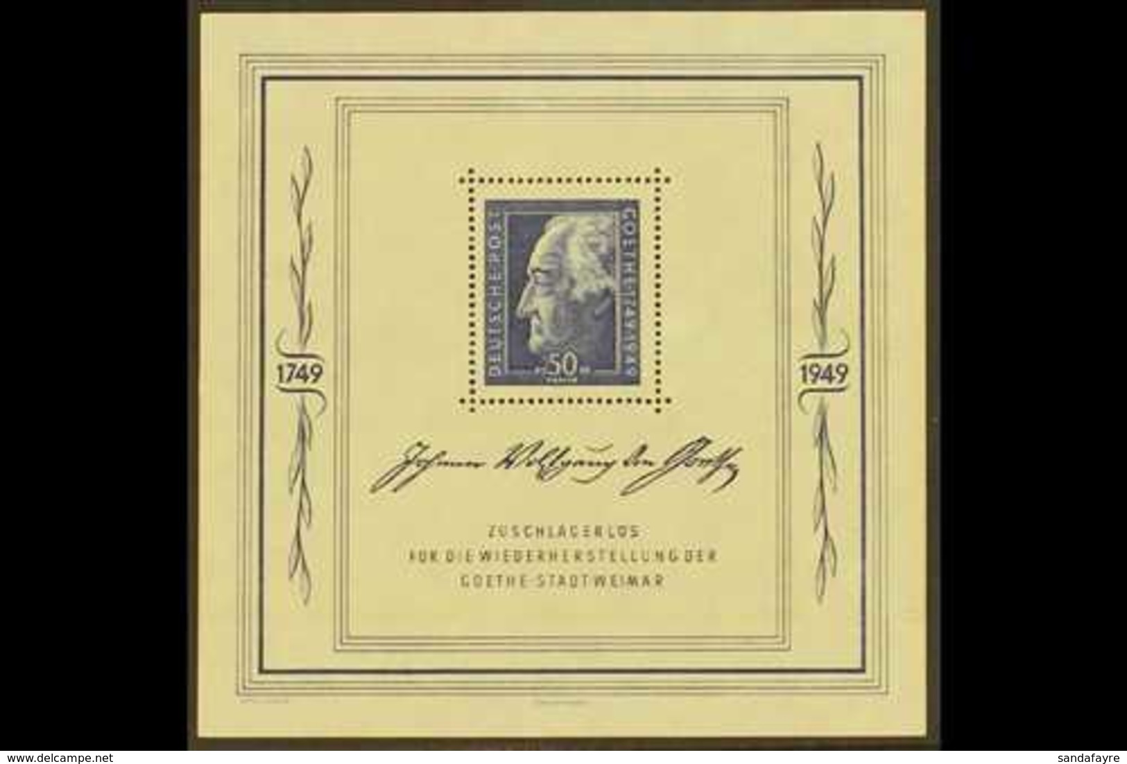 RUSSIAN ZONE  GENERAL ISSUES 1949 Goethe Festival Week Mini-sheet (Michel Block 6, SG MSR59a), Superb Never Hinged Mint, - Sonstige & Ohne Zuordnung