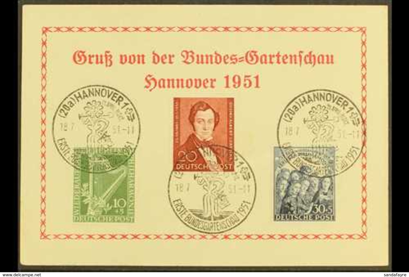 1950  Philharmonic Complete Set And 1951 20pf Lortzing (Michel 72/74) Superb Used On Special 1951 Hanover Garden Show Po - Sonstige & Ohne Zuordnung