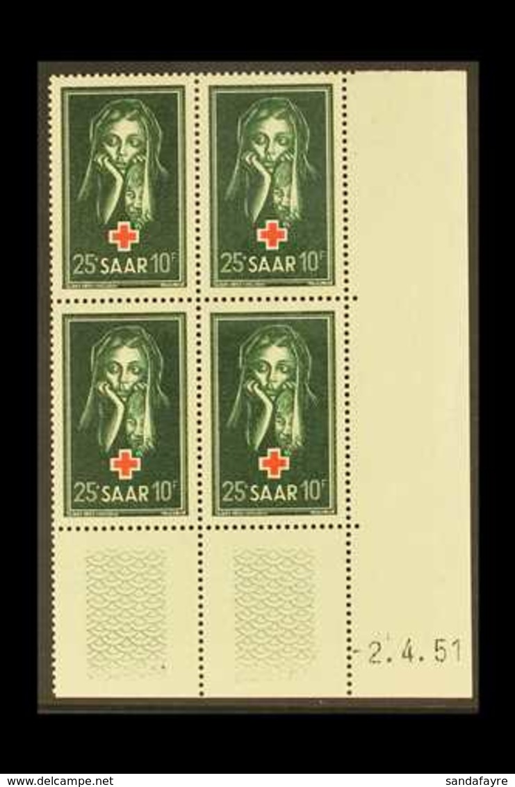 1951  25f Deep Green & Red Red Cross (Michel 304, SG 301), Superb Never Hinged Mint Lower Right Corner DATE BLOCK Of 4,  - Sonstige & Ohne Zuordnung