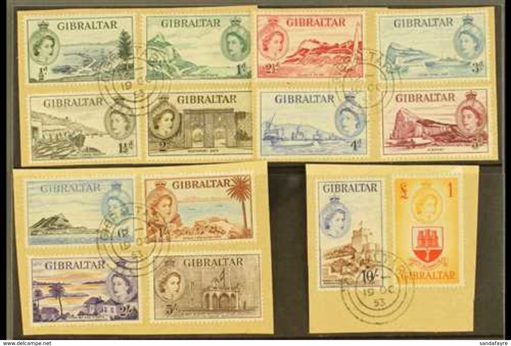 1953-59  Pictorials Complete Set, SG 145/58, Superb Cds Used On Pieces, Very Fresh. (14 Stamps) For More Images, Please  - Gibraltar