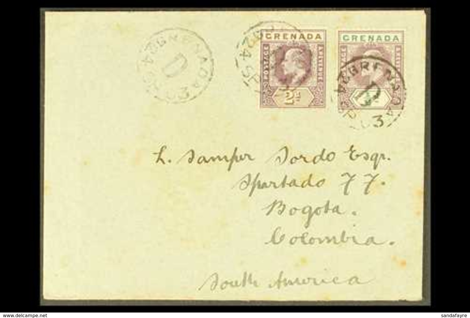 1903  (Sept) Commercial Cover To Bogota, Colombia, Bearing 1902 ½d And 2d, SG 57 & 59, Tied Code "D" Cds, St George's An - Grenada (...-1974)