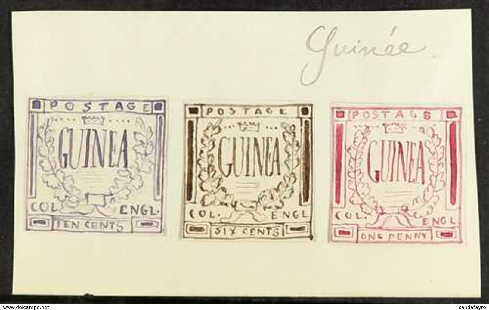 ORIGINAL ARTWORK  1861 Hand-painted, Stamp Sized Essays Produced In France, Inscribed "GUINEA" In A Crown & Laurel Desig - Guinea (1958-...)