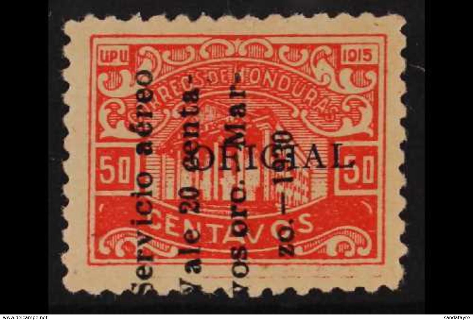 1930  AIR POST 20c On 50c Vermilion Official Stamp With 4- Line "zo. - 1930" Overprint Reading Upwards, SG 296, Mint Lig - Honduras