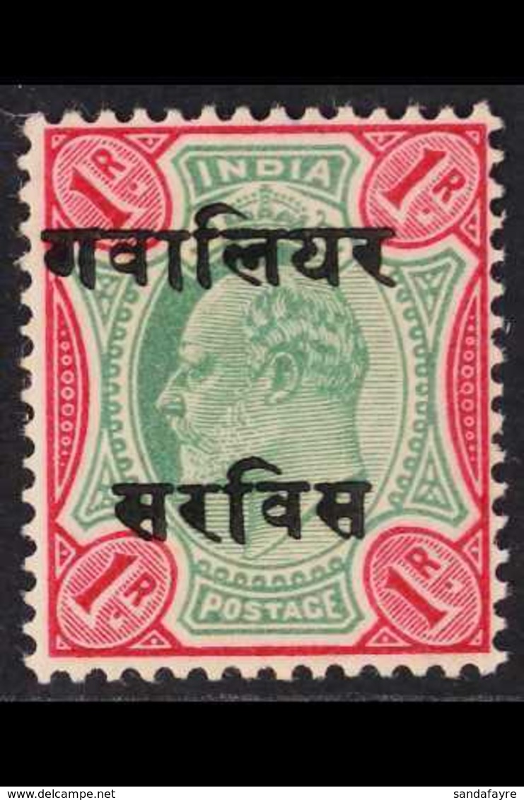 GWALIOR  OFFICIAL 1903-08 1r Green & Carmine Overprint Spaced 8mm, SG O46, Fine Mint, Fresh. For More Images, Please Vis - Sonstige & Ohne Zuordnung