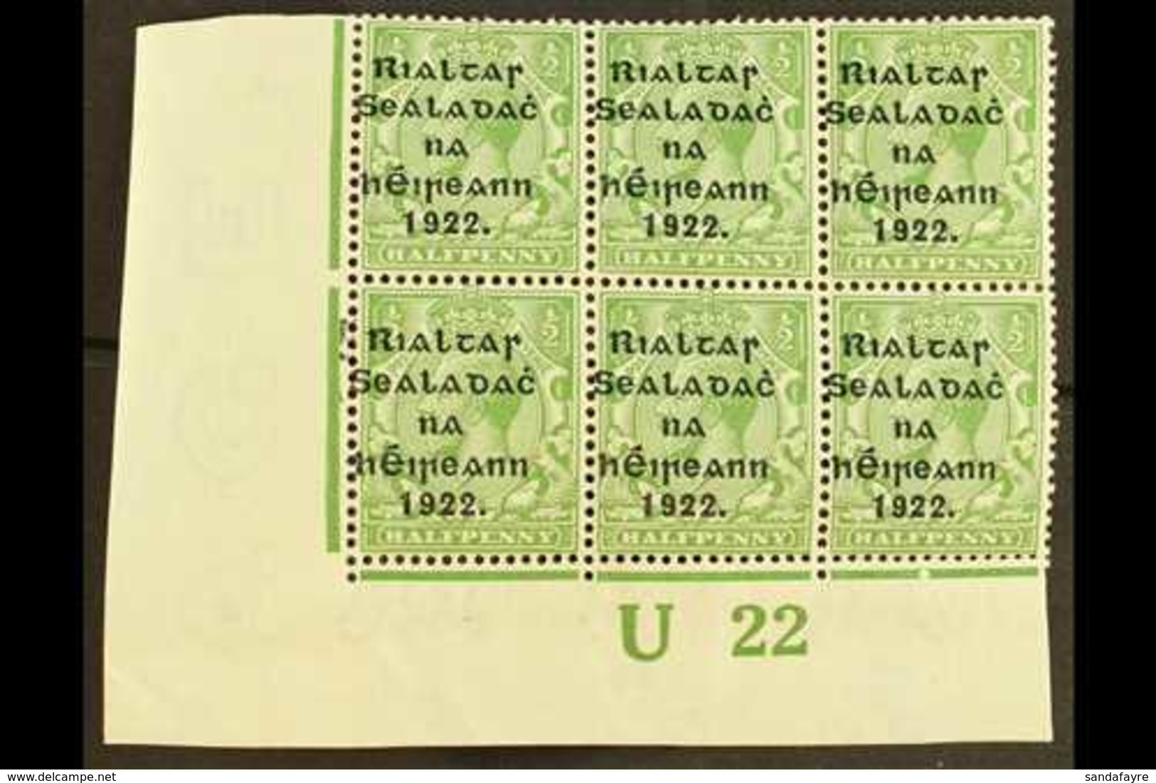 1922  Thom Wide Setting ½d Green, Lower Left Corner "U22" Plate Block Of Six, Showing Guide Blocks To Lower Left Stamp ( - Sonstige & Ohne Zuordnung