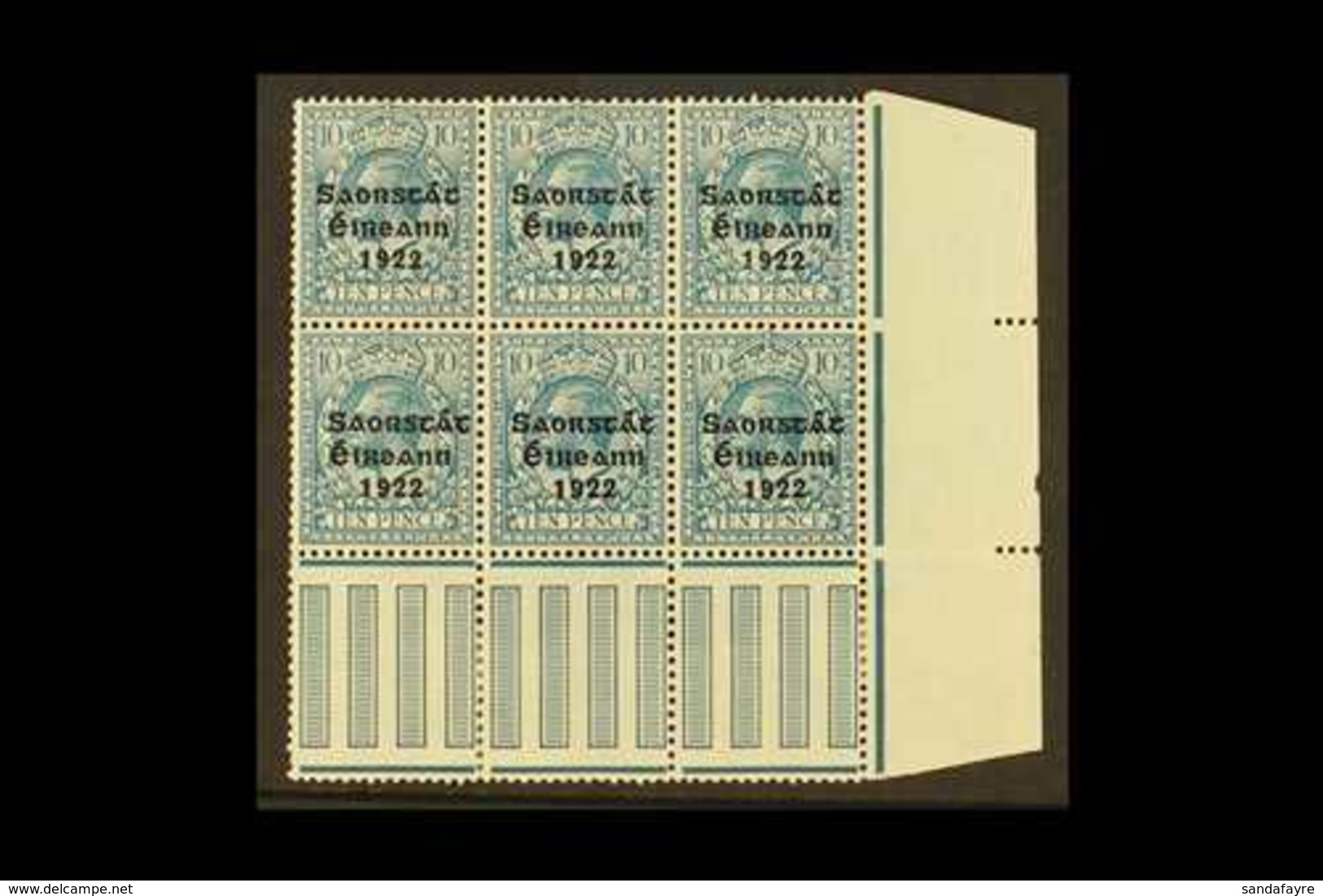 1922-23 VARIETY  10d Turquoise Blue (SG 62) Marginal Corner Pane Multiple Of 6 Stamps,  incorporates "S Over E" Variety, - Sonstige & Ohne Zuordnung