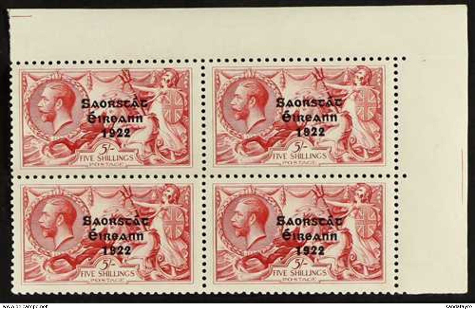 1927-28  5s Rose-carmine Seahorses With Wide Date Overprint (SG 87, Hibernian T73), Never Hinged Mint Upper Right Corner - Sonstige & Ohne Zuordnung