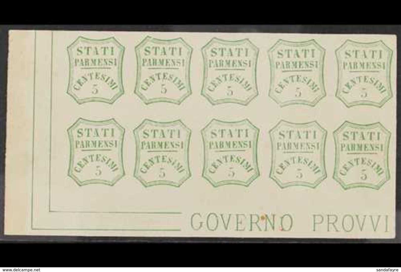 PARMA  FORGERIES. 1859 5c Green (as Sassone 13) Corner Block Of 10 On Gummed Paper Showing "Governo Provvi" Imprint. (10 - Ohne Zuordnung