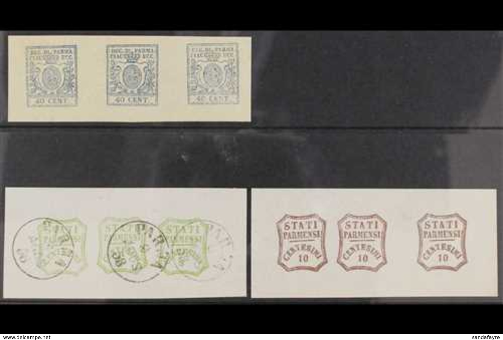 PARMA  FOURNIER FORGERIES. 1857-59 Strips Of 3 Including 1857 40c Blue Strip Of 3, Provisional Government 5c Green  "use - Ohne Zuordnung