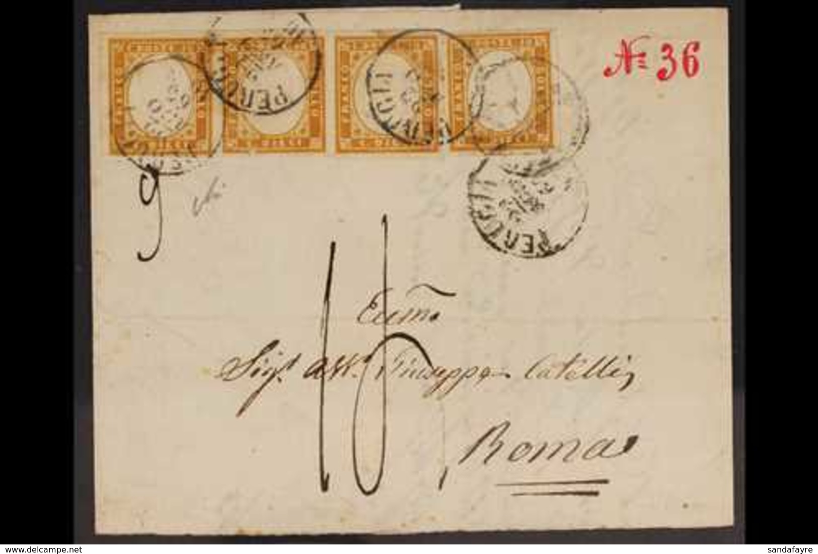 SARDINIA  1863 (22 Aug) EL From Perugia To Rome Bearing A Strip Of Three + Single Example Of The 1863 10c Bistre (Sasson - Ohne Zuordnung