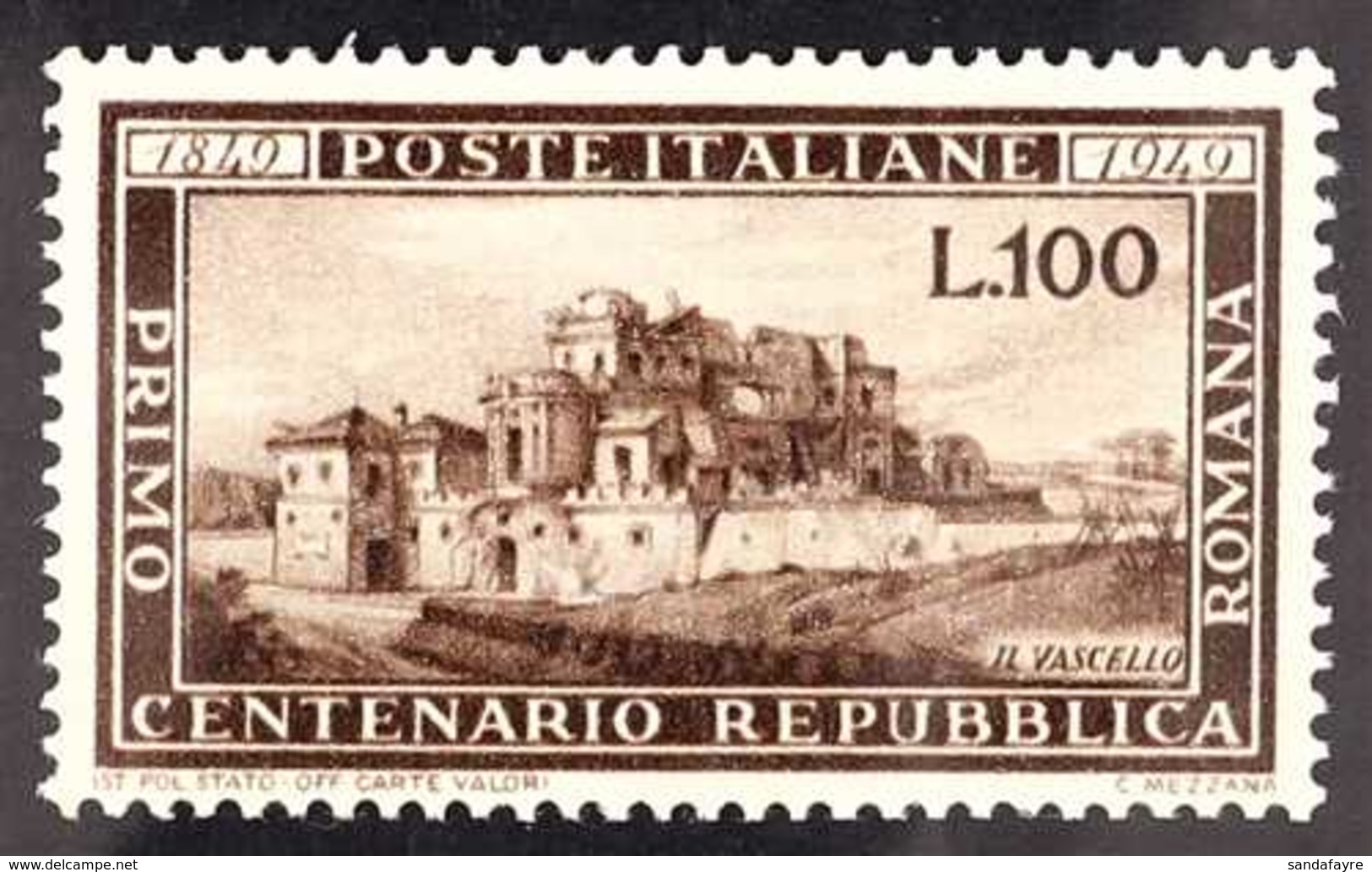 1949  Centenary Of Roman Republic 100L Brown (Sass 600, SG 726), Never Hinged Mint. Superb! For More Images, Please Visi - Ohne Zuordnung