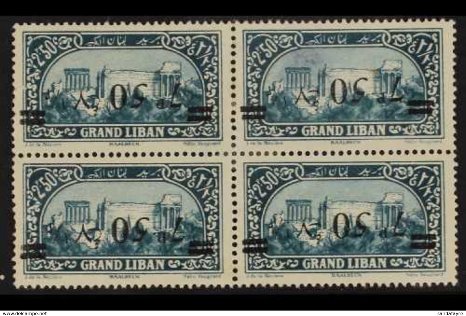 1926  7p 50 On 2p 50 Light Blue, Variety "surcharge Inverted", SG 100a, Mint Block Of 4, 2 Stamps Thinned. (4 Stamps) Fo - Libanon