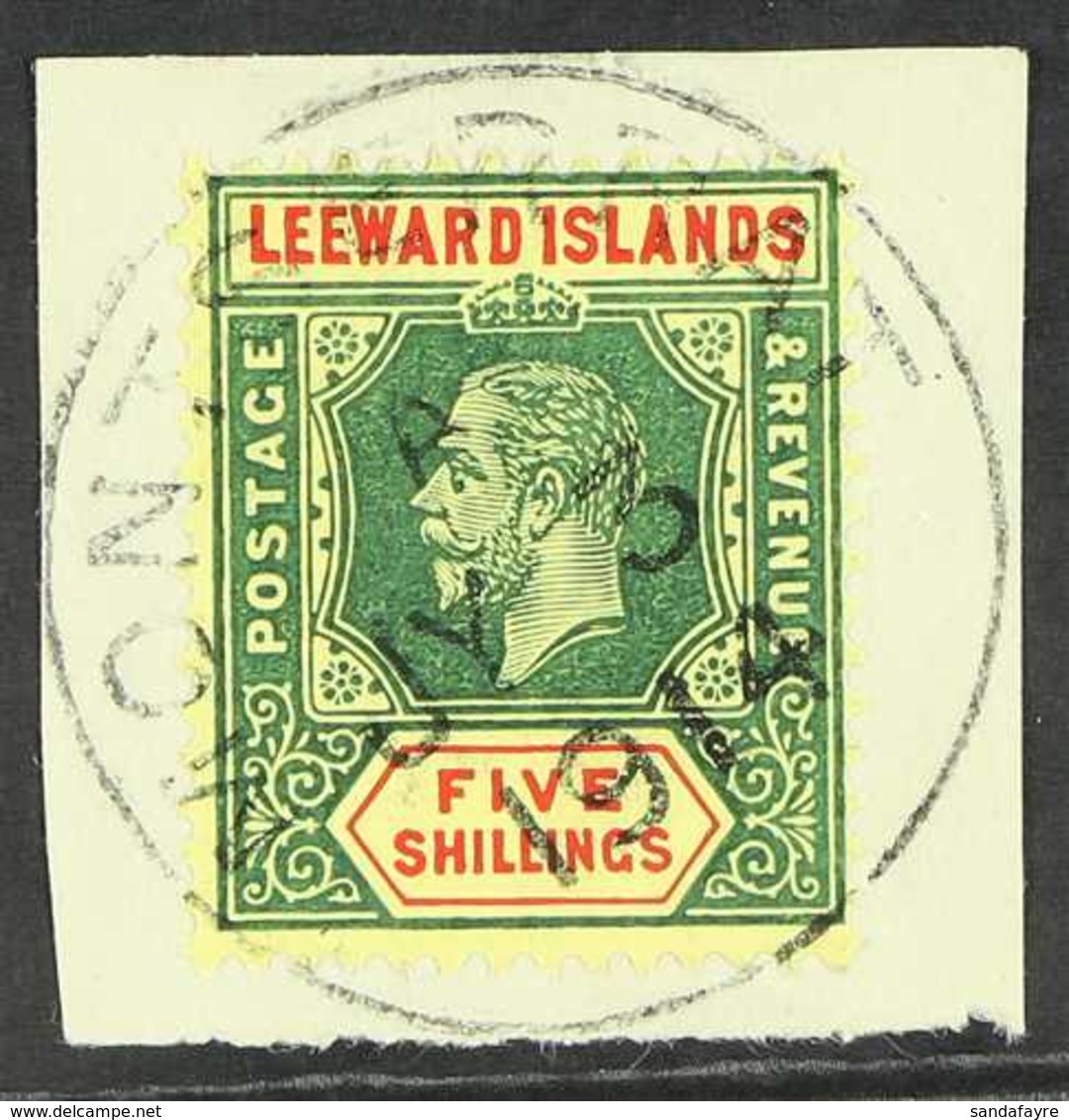 1912 - 22  5s Green And Red On Yellow, Wmk MCA, Geo V, SG 57, Superb Used On Piece. For More Images, Please Visit Http:/ - Leeward  Islands