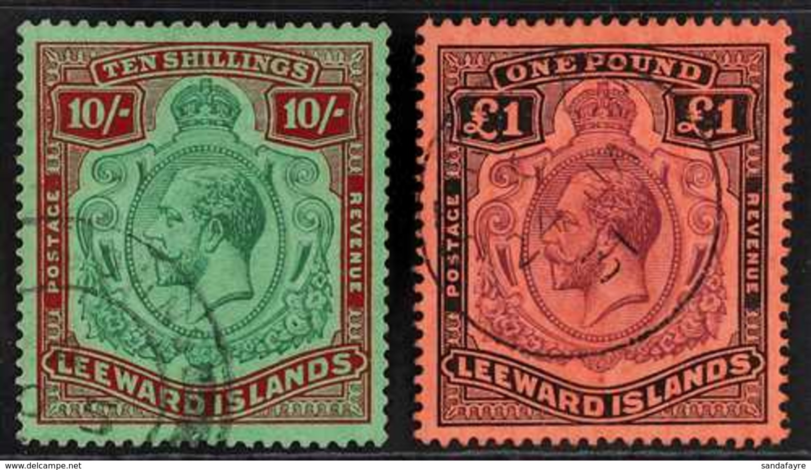 1921 - 32  10s Green And Red On Green And £1 Purple And Black On Red, Geo V Keytypes, SG 79/80, Very Fine Used. (2 Stamp - Leeward  Islands