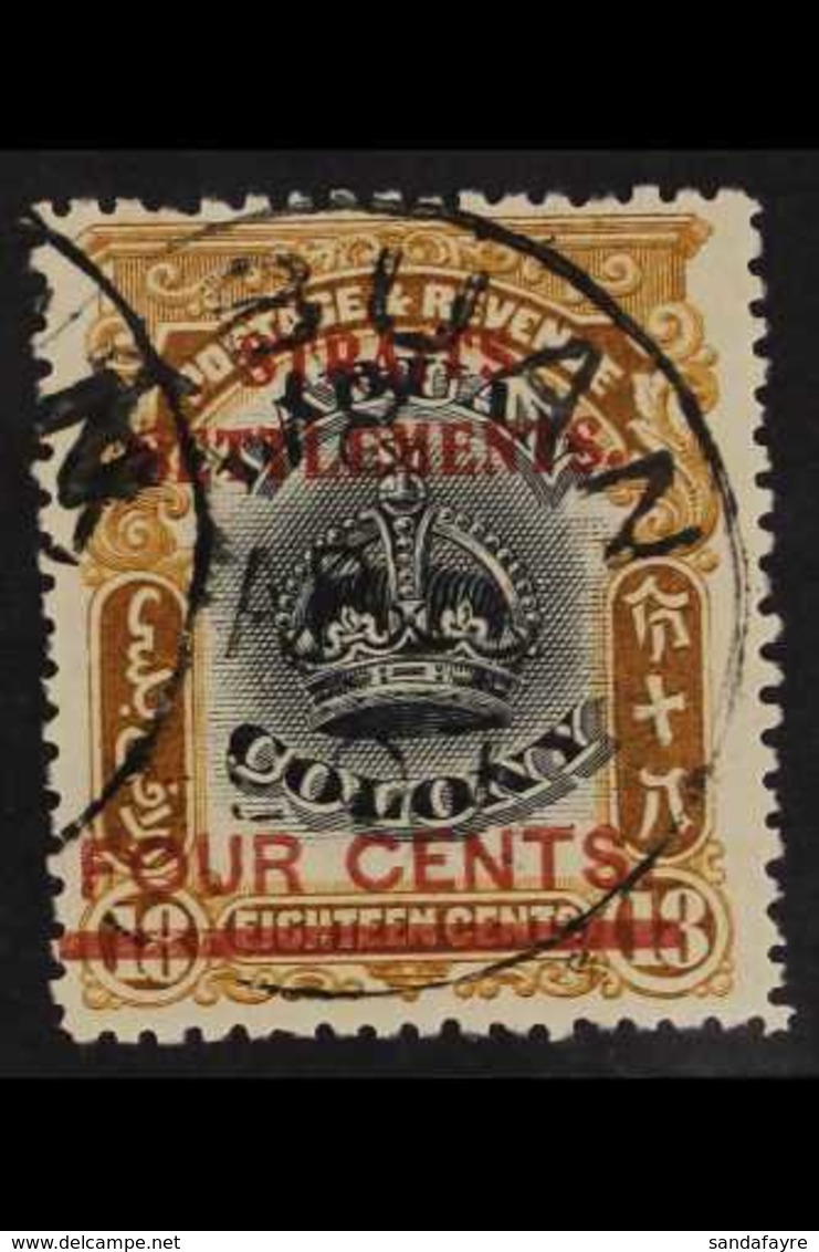 1906-07 RARE VARIETY.  4c On 18c Black And Pale Brown With LINE THROUGH "B" Variety, SG 146d, Very Fine Used, Short Perf - Straits Settlements