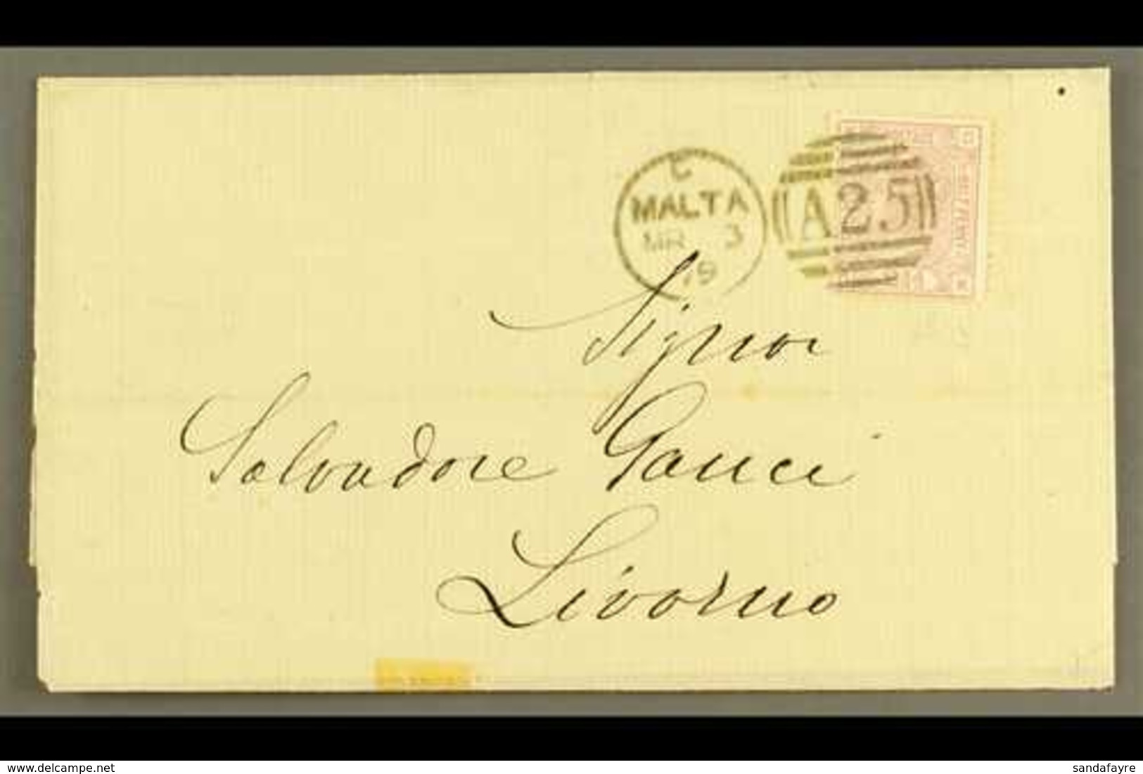 1879 COVER TO LIVORNO  Bearing Great Britain 2½d Rosy-mauve, Plate 13, Tied By "MALTA / A25" Duplex Cancel, Syracusa Tra - Malta (...-1964)
