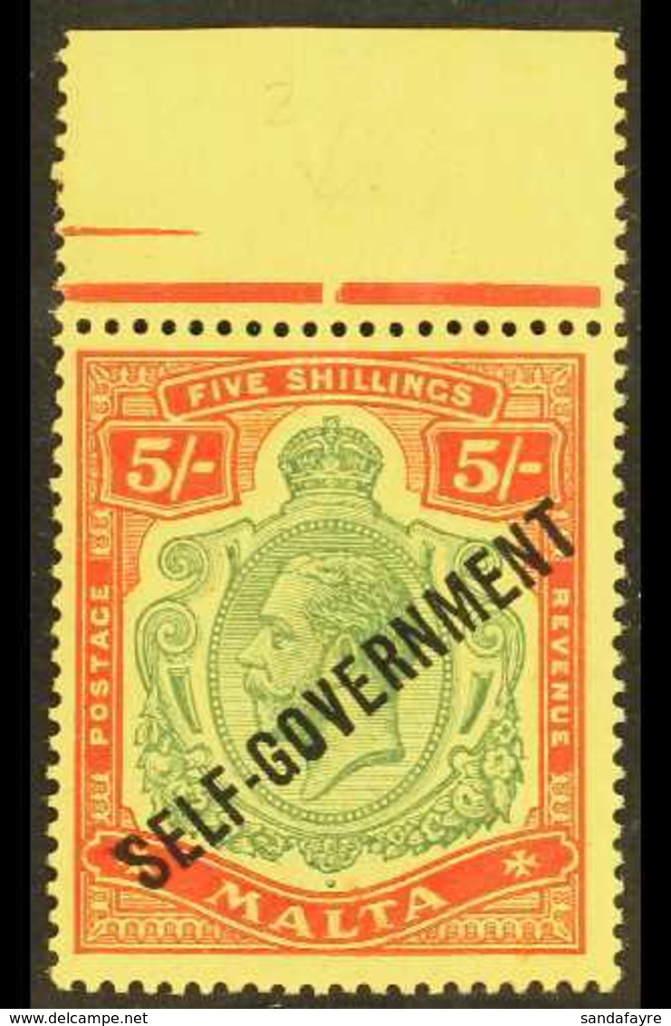 1933  5s Green And Red On Yellow Ovptd Self Government, SG 113, Superb Marginal NHM. For More Images, Please Visit Http: - Malta (...-1964)