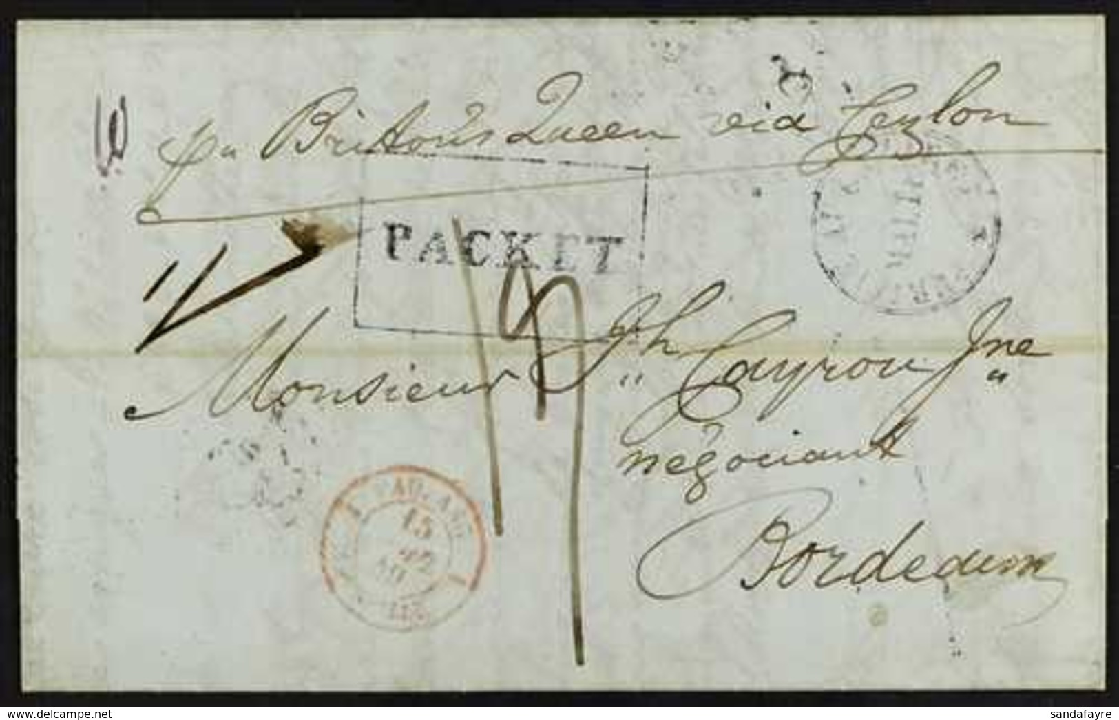1849  (20 Jan) Entire Letter Addressed To France, Endorsed 'per Britons Queen Via Ceylon', Bearing Boxed "PACKET" Mark,  - Mauritius (...-1967)
