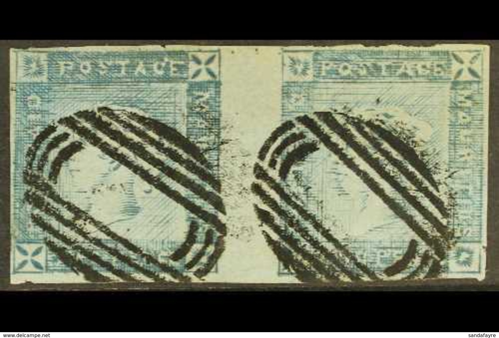 1859  2d Blue "Lapirot" Worn Impression, SG 39, Used HORIZONTAL PAIR From Positions 1 And 2, With 4 Small / Close Margin - Mauritius (...-1967)