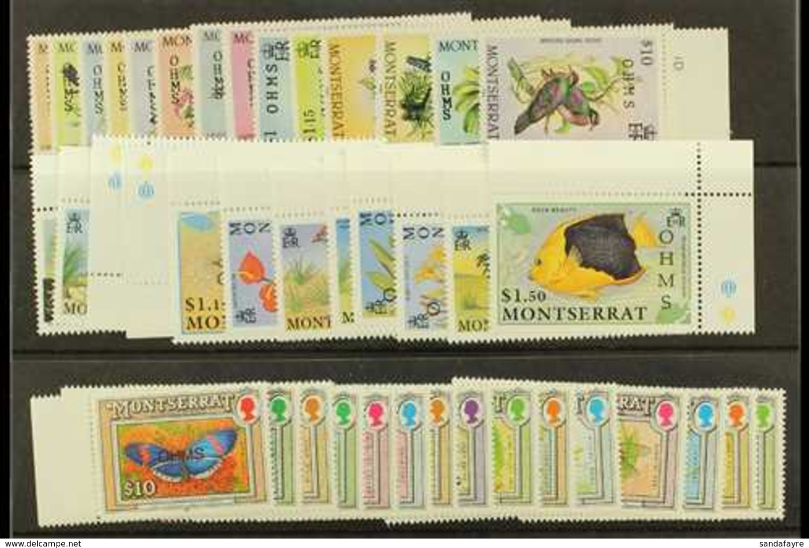 OFFICIALS  1985, 1992 & 1993 "OHMS" Overprints Complete Sets, SG O62/75, O94/105 & O106/20, Never Hinged Mint, Fresh. (4 - Montserrat