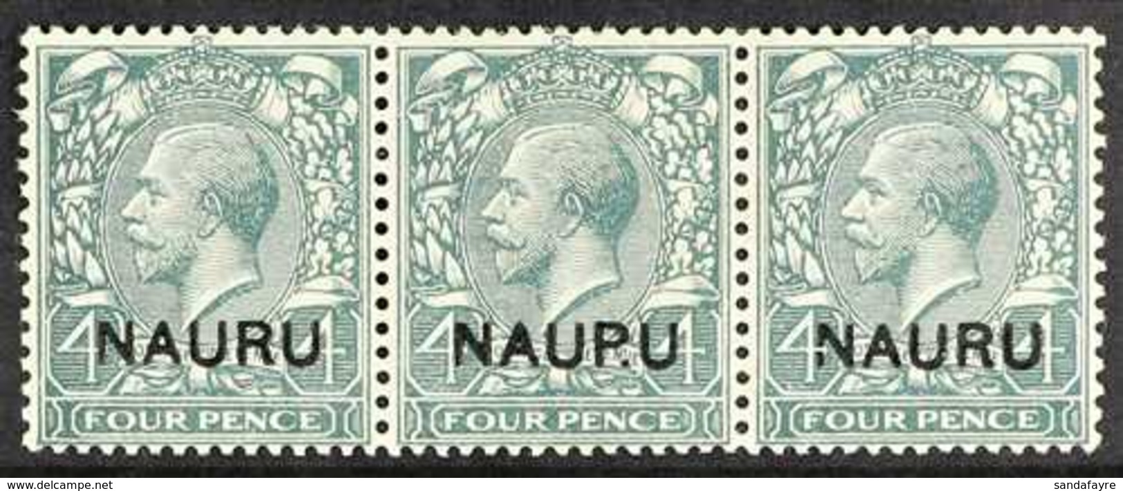 1916 -23  4d Slate-green, Horizontal Strip Of 3, The Middle Stamp With The Variety "NAUP.U", SG 8/8a, Very Fine Mint. Fo - Nauru