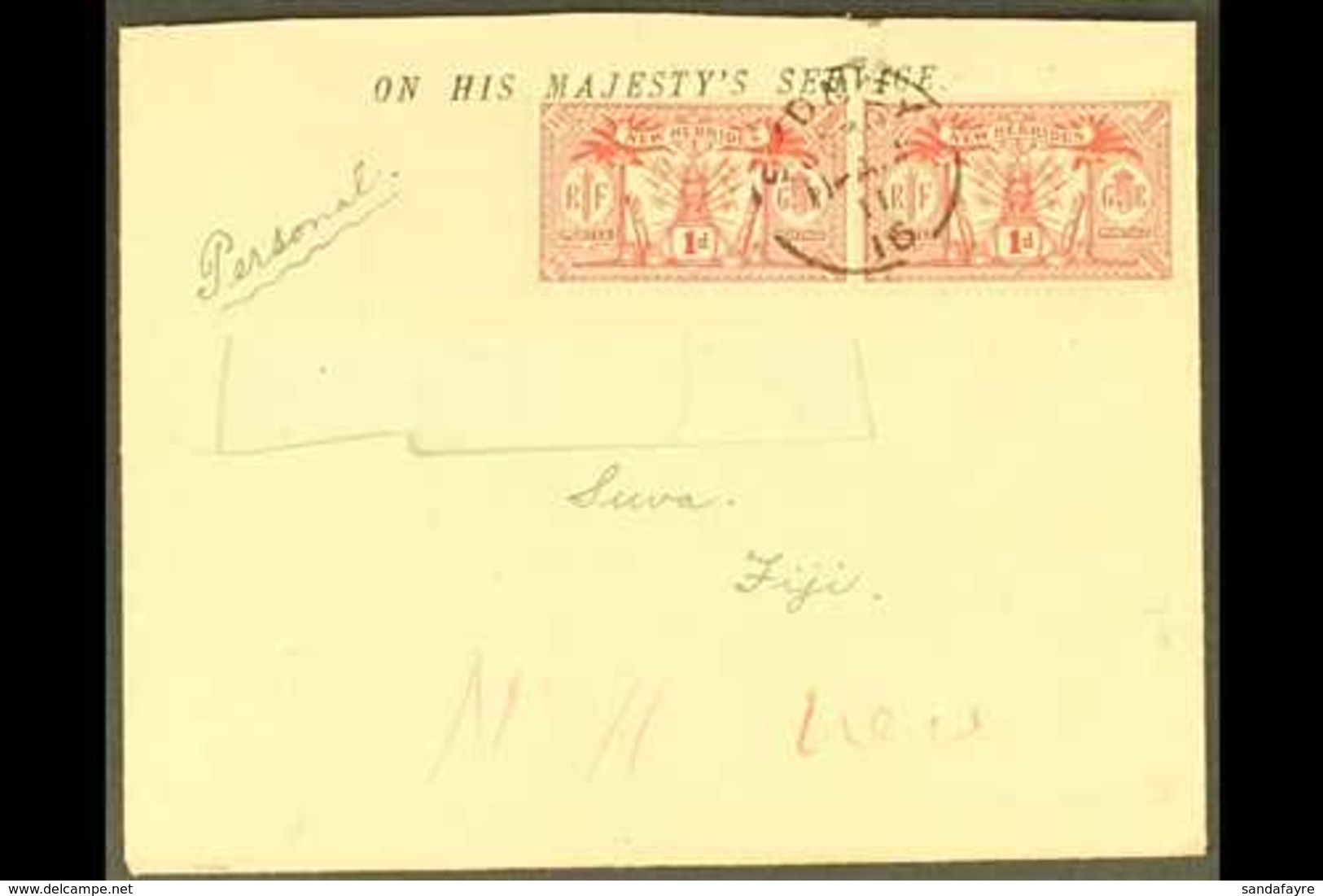 BRITISH  1916 OHMS Envelope Marked "Personal" And With Addressee Redacted Sent To Fiji By Local Steamer, Cancelled Sydne - Sonstige & Ohne Zuordnung