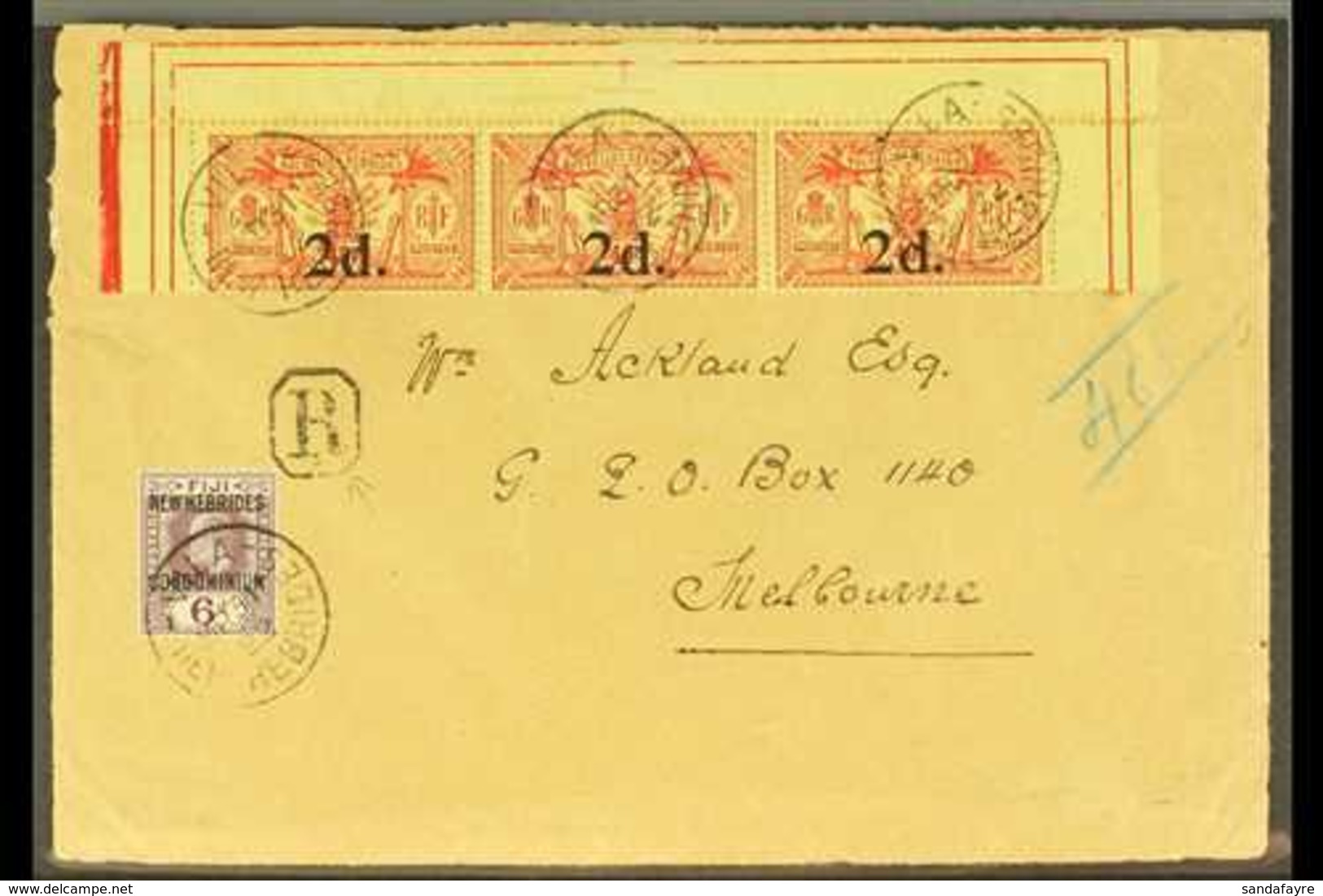 BRITISH  1922 Registered Cover From Vila To Melbourne Franked 2d On 40c (top Pane Strip Of 3) Plus Late Usage 1908 Ed VI - Sonstige & Ohne Zuordnung